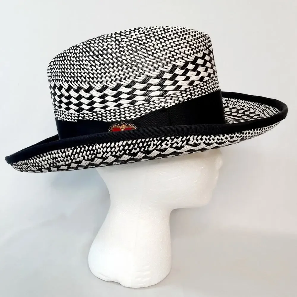 Men’s Black White Geometric Pattern Straw Panama Hat Made In USA Size Large